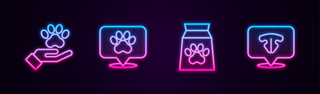 Set line Hands with animals footprint, Location veterinary hospital, Bag of food for pet and Cat nose. Glowing neon icon. Vector