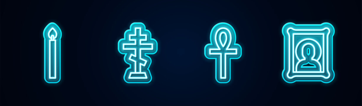 Set line Burning candle, Christian cross, Cross ankh and icon. Glowing neon icon. Vector