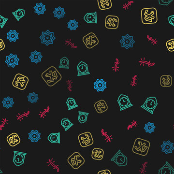 Set line Octagonal star, Clock, Speaker mute and Arabian saber on seamless pattern. Vector
