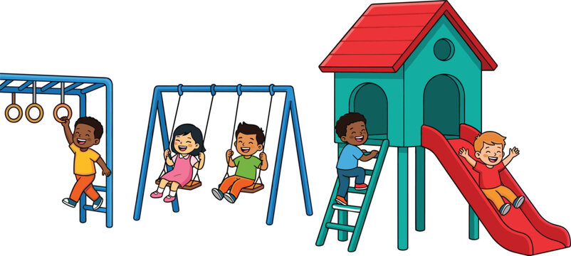 Kids Playground Illustration with Children Playing on Swings, Monkey Bars, and Slide for Outdoor Activity, Park, and Childhood Design