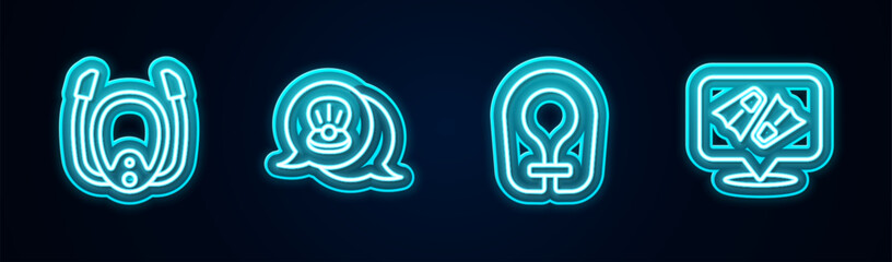 Set line Diving mask with snorkel, Scallop sea shell, Life jacket and Flippers for swimming. Glowing neon icon. Vector © vector_v