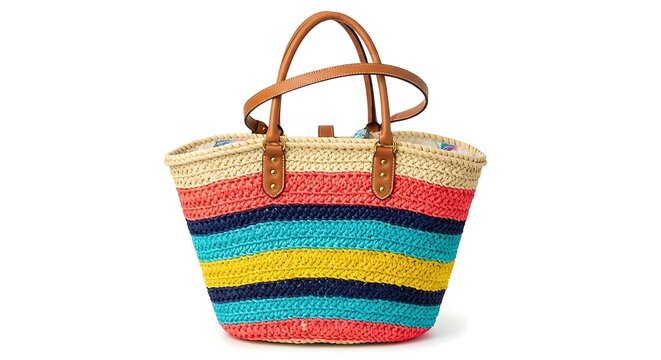 Colorful striped woven tote bag with tan leather handles