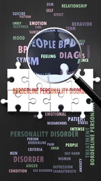 Borderline Personality Disorder under magnifying glass, being researched, studied and examined. Most important subjects and ideas closely related to borderline personality disorder written around a pu