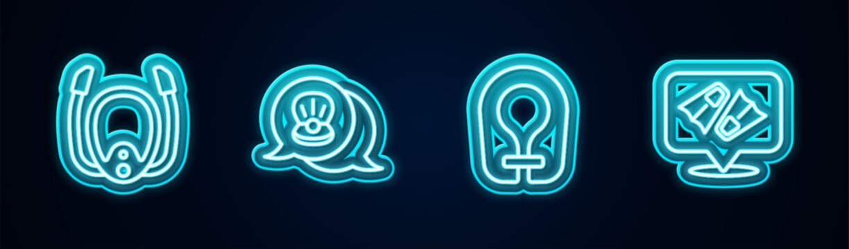 Set line Diving mask with snorkel, Scallop sea shell, Life jacket and Flippers for swimming. Glowing neon icon. Vector