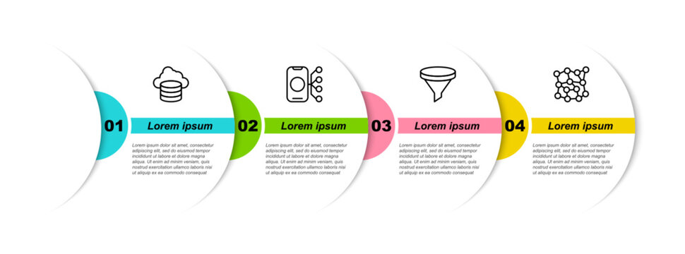 Set line Cloud database, Neural network, Funnel filter and . Business infographic template. Vector