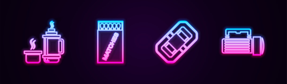 Set line Thermos container, Open matchbox and matches, Rafting boat and Flashlight. Glowing neon icon. Vector