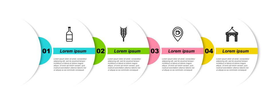 Set line Beer bottle, Wheat, Alcohol or beer bar location and Camping tent. Business infographic template. Vector