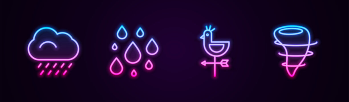 Set line Cloud with rain, Water drop, Rooster weather vane and Tornado. Glowing neon icon. Vector
