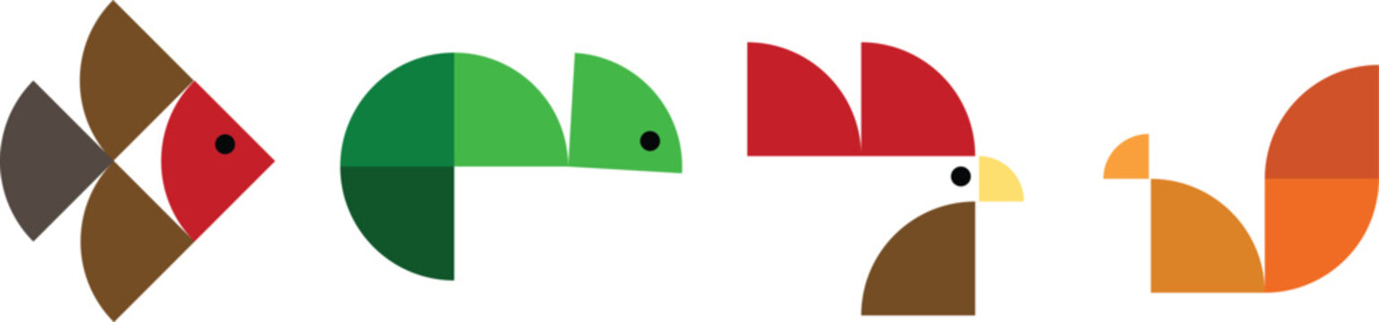Creative abstract geometric animal illustration featuring a stylized fish, chameleon, rooster, and squirrel designed with colorful flat geometric shapes. Modern minimalist vector-inspired artwork suit
