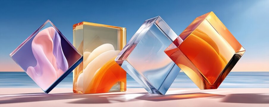 Colorful abstract glass cubes in a reflective 3D render on a serene seaside background