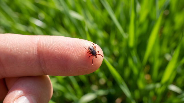 Close-up of a small tick biting human fingertip in green grass with natural sunlight highlighting danger of outdoor pests. Generated with AI