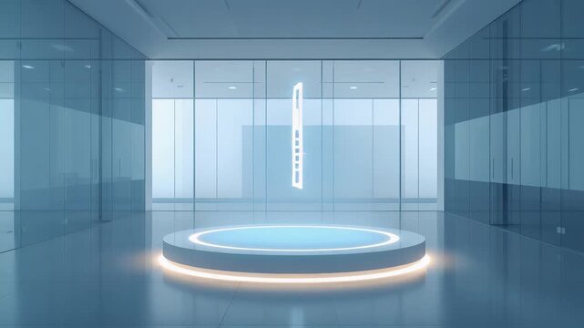 Modern Minimalist Studio Interior With Glowing Circular Platform Stage And Vertical Light Installation In Glass Walled Room