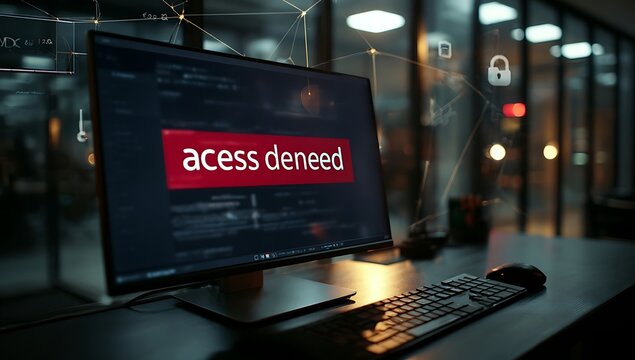 Computer screen displaying access denied message with digital security icons in background.
