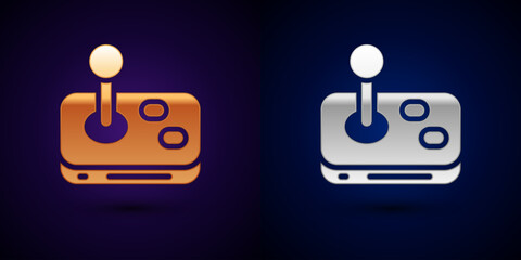 Gold and silver Joystick for arcade machine icon isolated on black background. Joystick gamepad. Vector © Oksana