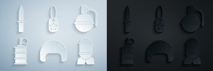 Naklejka premium Set Military helmet, Hand grenade, Aviation bomb, dog tag and knife icon. Vector