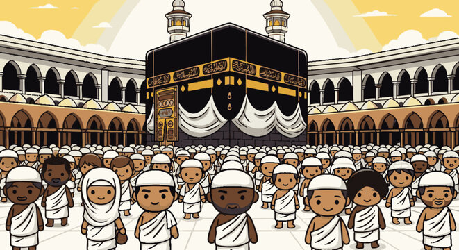 Diverse crowd of pilgrims in white ihram garments gathered around the black kaaba in mecca, illustrated in a flat, cartoon style