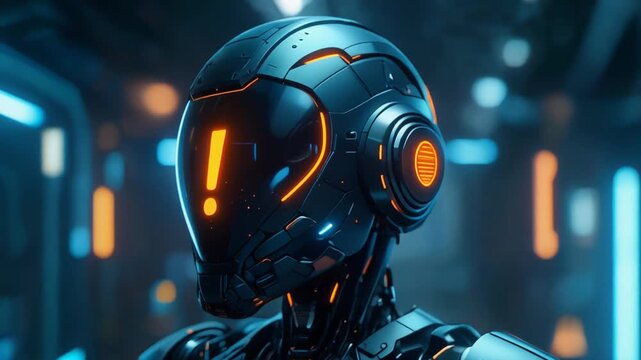Futuristic android featuring a glowing orange alert symbol on its digital visor.