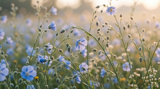 Blue flax flower blooming in sunny field. Wild plant growing in summer meadow at sunset. Natural botanical beauty and floral environment background for organic wellness concepts.