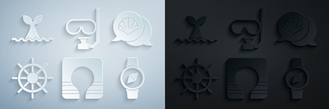 Set Life jacket, Scallop sea shell, Ship steering wheel, Compass, Diving mask and snorkel and Whale tail ocean wave icon. Vector