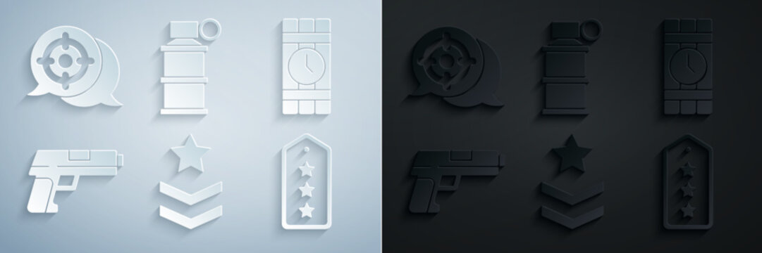 Set Military rank, Dynamite and timer clock, Pistol or gun, Hand smoke grenade and Target sport icon. Vector