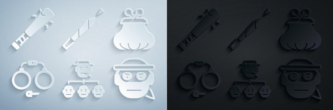 Set Mafia, Wallet, Handcuffs, Bandit, Marijuana joint and Baseball bat with nails icon. Vector