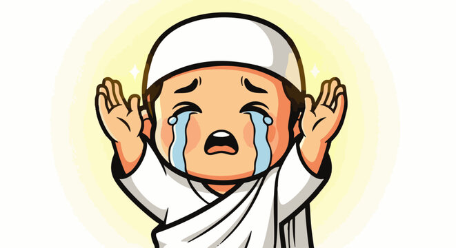 Cartoon of a crying muslim boy in white ihram clothing, raising his hands in prayer, with a glowing light background effect