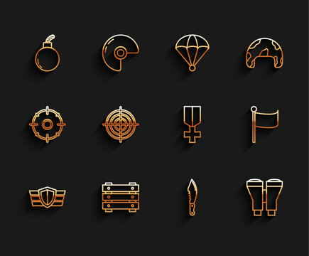 Set line Military reward medal, ammunition box, Bomb ready to explode, knife, Binoculars, Target sport for shooting competition, Flag and icon. Vector