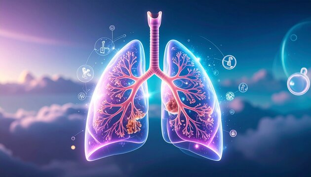 Stylized glowing human lungs illustration with branching bronchi, purple-pink-orange tones, surrounded by flowers and abstract medical icons, vibrant depiction of respiratory health and vitality.