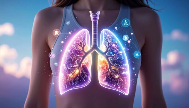 Stylized glowing human lungs illustration with branching bronchi, purple-pink-orange tones, surrounded by flowers and abstract medical icons, vibrant depiction of respiratory health and vitality.