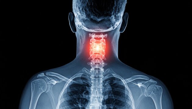 X-ray of upper torso highlighting cervical spine in red, showing vertebrae, shoulders, clavicles, ribs, medical focus on neck region, visual representation of pain or injury emphasis.