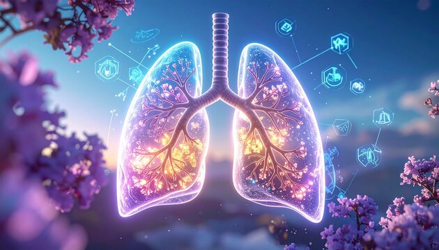 Stylized glowing human lungs illustration with branching bronchi, purple-pink-orange tones, surrounded by flowers and abstract medical icons, vibrant depiction of respiratory health and vitality.