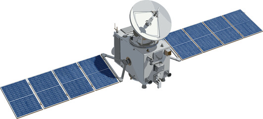 Realistic 3D Communication Satellite Vector with Extended Solar Panels and Parabolic Antenna Isolated on White Background for Space Exploration Global Telecommunications and Aerospace  © Hosneara