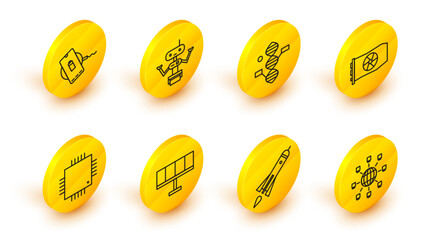 Set line Social network, Rocket ship with fire, Solar energy panel, Processor microcircuits CPU, Video graphic card, DNA symbol, Robot and Wireless charger icon. Vector © Oksana