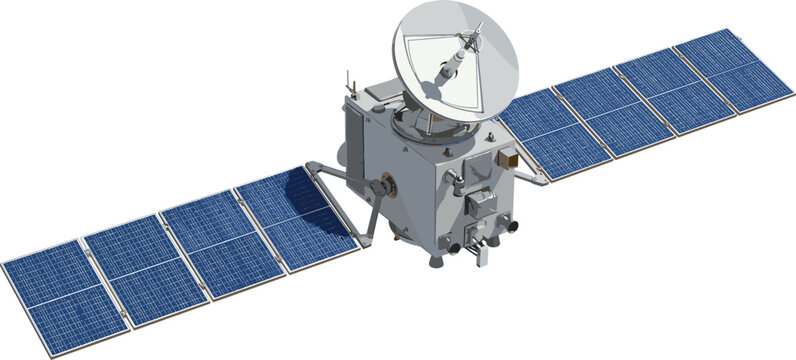 Realistic 3D Communication Satellite Vector with Extended Solar Panels and Parabolic Antenna Isolated on White Background for Space Exploration Global Telecommunications and Aerospace 