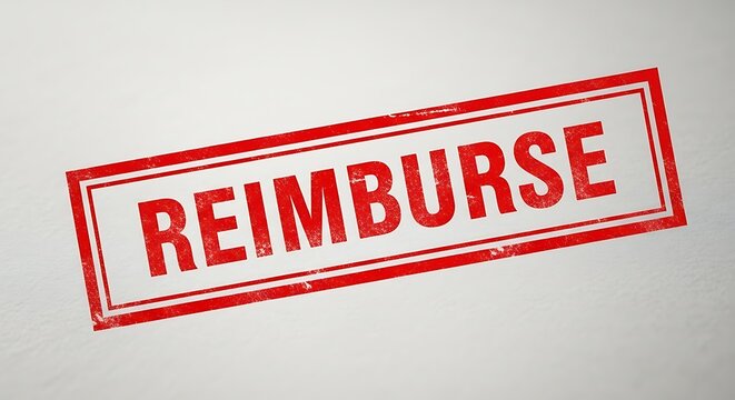 Red REIMBURSE rubber stamp on white paper, financial reimbursement concept, business expense refund mark, corporate accounting and payment status