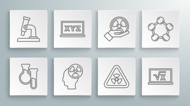 Set line Test tube and flask, XYZ Coordinate system, Head radiation symbol, Triangle with, Square root of x glyph, Radioactive, Molecule and Microscope icon. Vector