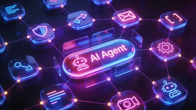 AI agentic workflow automation artificial intelligence agent software interface nodes triggers data tool dashboard coding icon flow process database technology 3d rendering