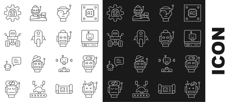 Set line Broken robot, Robot low battery charge, Smart glasses, Mars rover, and icon. Vector