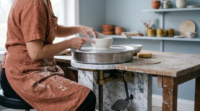 Artisan potter crafting a ceramic bowl on a pottery wheel, handmade earthenware creation, creative pottery studio workshop, traditional clay art and craftsmanship