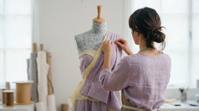 Fashion designer draping lavender fabric on a mannequin, a creative process in a bright studio. Seamstress working on a custom dress, showcasing tailoring and garment creation.
