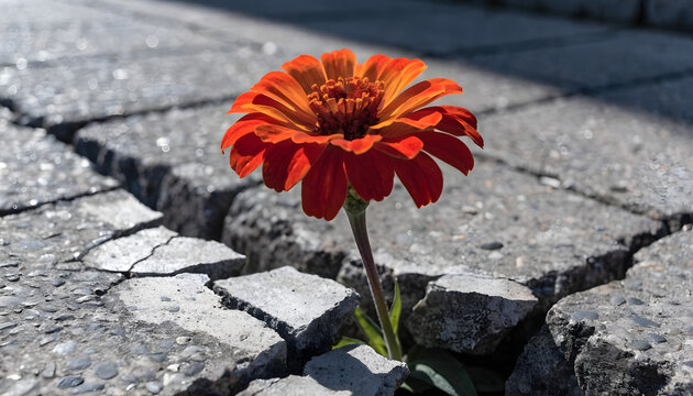 Vibrant orange flower growing through cracked pavement in city street