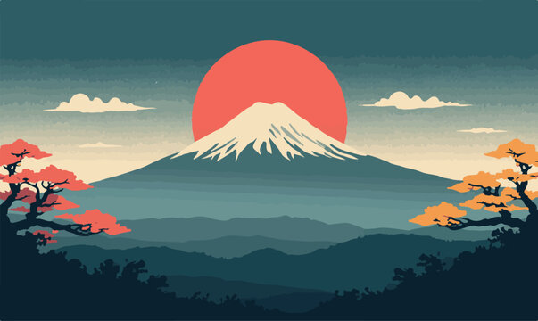 Traditional Japanese Landscape Illustration featuring Mount Fuji under a Radiant Red Sun with Vintage Ukiyo-e Style Scenic Mountains, Clouds, and Autumn Bonsai Trees for Wall Art Decor.