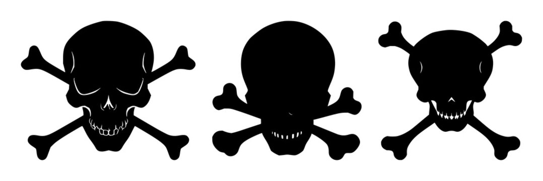 Skull and crossbones set with black silhouette, white background featuring ominous, nautical, danger with pirate and maritime