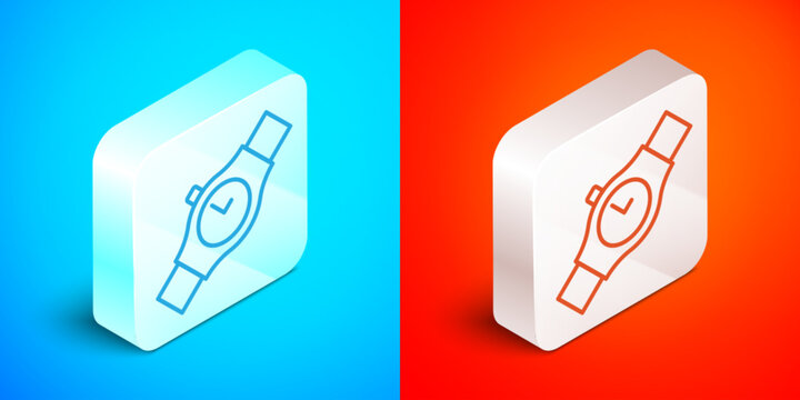 Isometric line Wrist watch icon isolated on blue and red background. Wristwatch icon. Silver square button. Vector