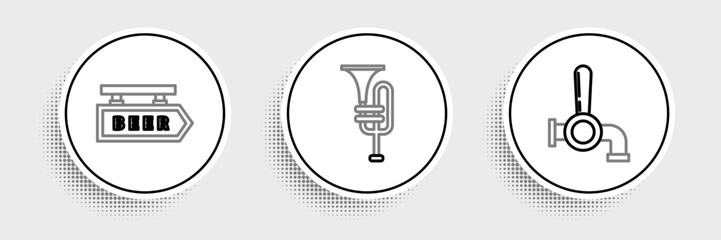 Set line Beer tap, Street signboard with inscription and Musical instrument trumpet icon. Vector © Oksana