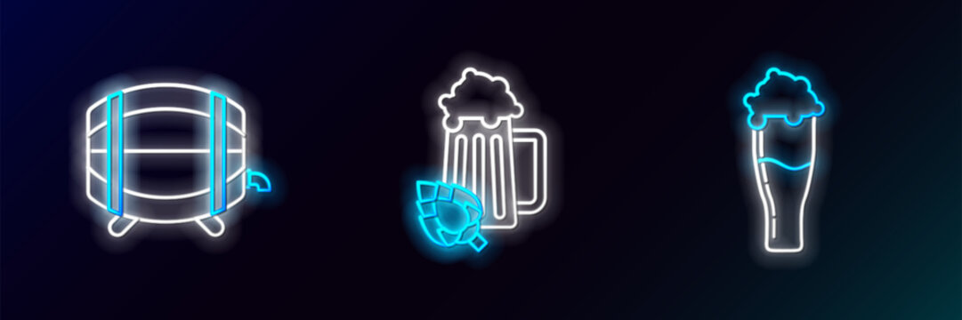 Set line Glass of beer, Wooden barrel on rack with stopcock and and hop icon. Glowing neon. Vector