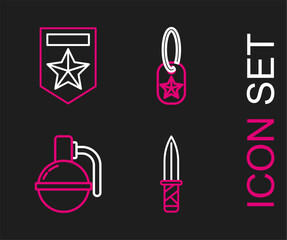 Naklejka premium Set line Military knife, Hand grenade, dog tag and Chevron icon. Vector