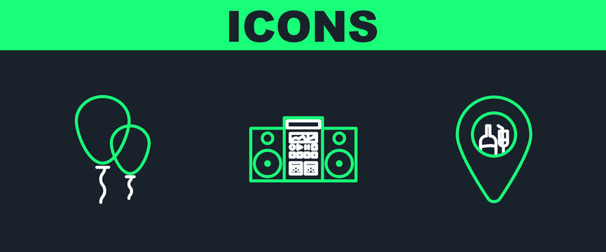 Set line Alcohol or beer bar location, Balloons with ribbon and Home stereo two speakers icon. Vector