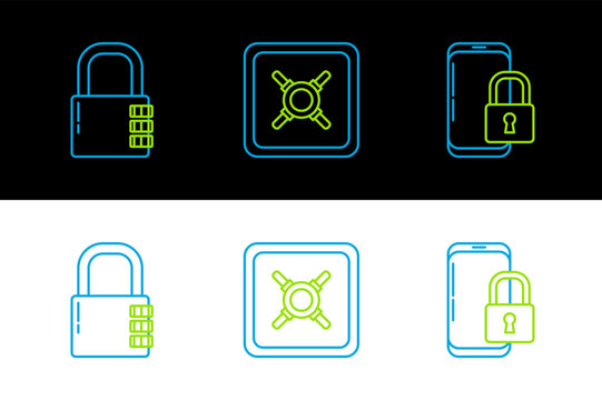 Set line Smartphone with closed padlock, Safe combination and icon. Vector