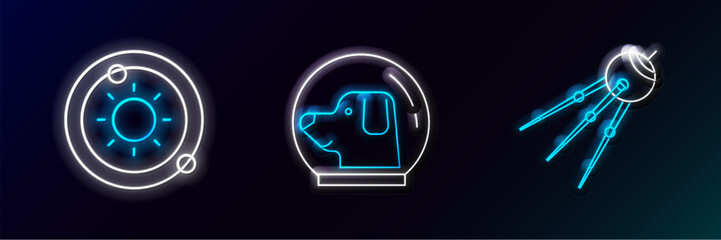 Set line Satellite, Solar system and Dog in astronaut helmet icon. Glowing neon. Vector © Oksana